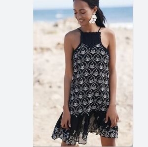 Anthropologie Sheer Embroidered Mini Black Dress Size XXS